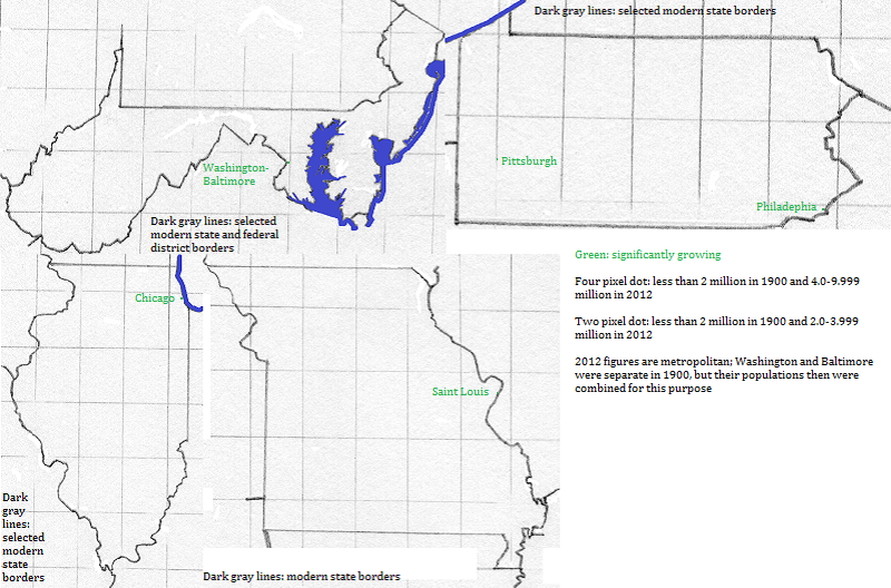 maps showing District of Columbia (Washington), and Maryland, Pennsylvania, Illinois and Missouri cities 1900-2012
