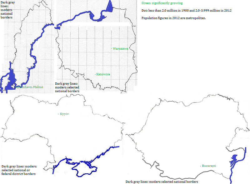 maps showing Danmark, Sverige, Polska, Ukrayina and România cities 1900-2012