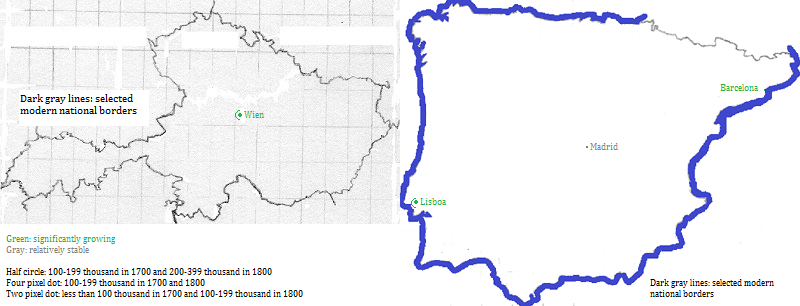 maps showing Österreich, España and Portugal cities 1700-1800