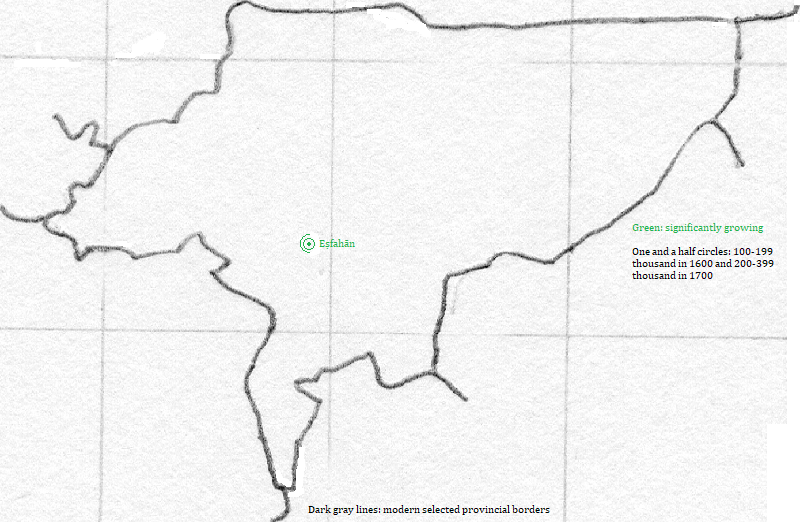 map showing Eṣfahān cities 1600-1700