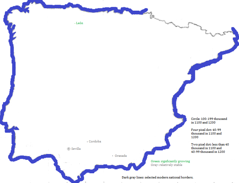 map showing España cities 1100-1200