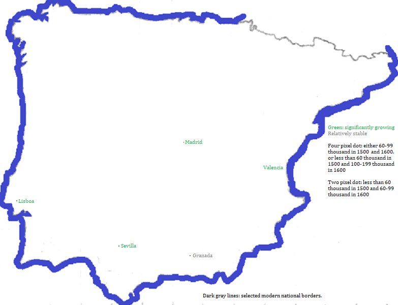 map showing the España and Portugal cities, 1500-1600