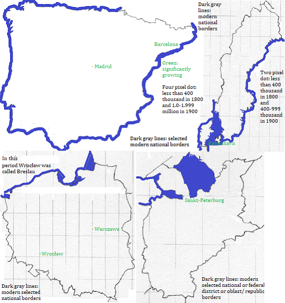 maps showing Sankt-Peterburg and España, Danmark and Polska cities 1800-1900