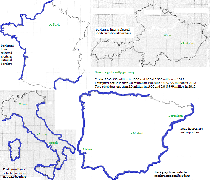 maps showing France, Magyarország, Österreich, Italia , España and Portugal cities (with Roma including the Vaticano City) 1900-2012