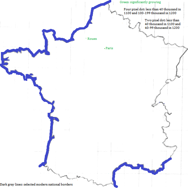 map showing France cities 1100-1200