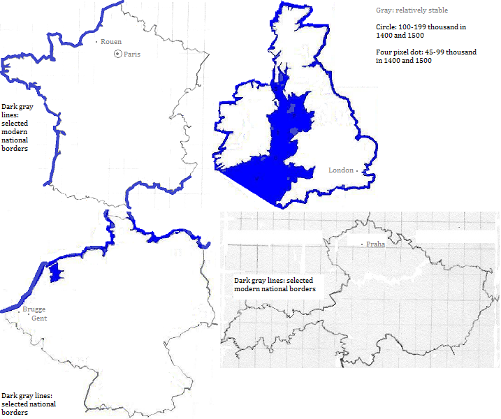 maps showing France, Great Britain, België and the Česká Republic, 1400-1500