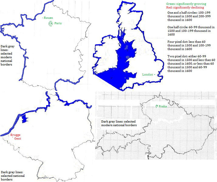 maps showing France, Great Britain, België and Česká Republic cities, 1500-1600