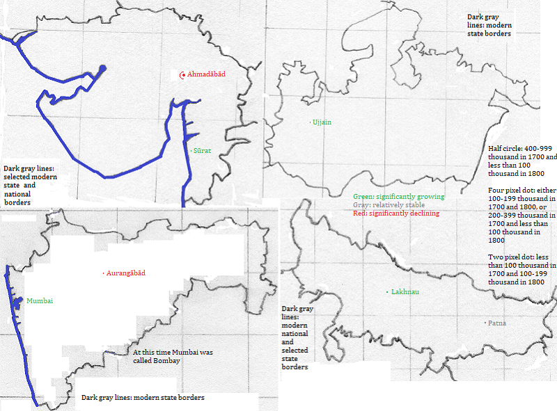 maps showing Gujarāt, Madhya Pradesh, Mahārāshtra, Bihār and Uttar Pradesh cities 1700-1800