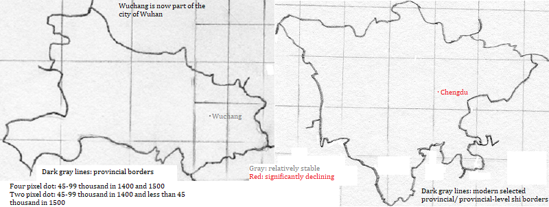 maps showing Hubei and Sichuan cities, 1400-1500