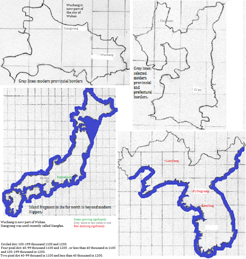 four maps showing Hubei, Shaanxi, Nippon and Choŏn cities 1100-1200