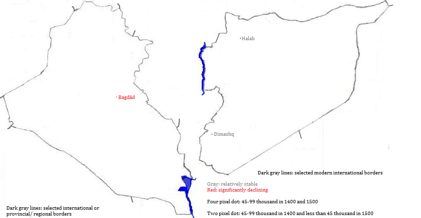 map showing Irāq and Sūriyah cities, 1400-1500