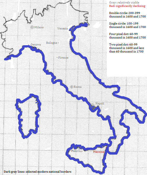 map showing Vaticano City, and Italia cities 1600-1700