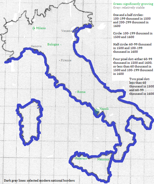 map showing the Vaticano City, and Italia cities, 1500-1600