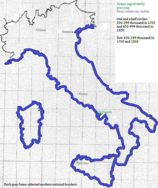 map showing Italia and Vaticano City cities 1700-1800