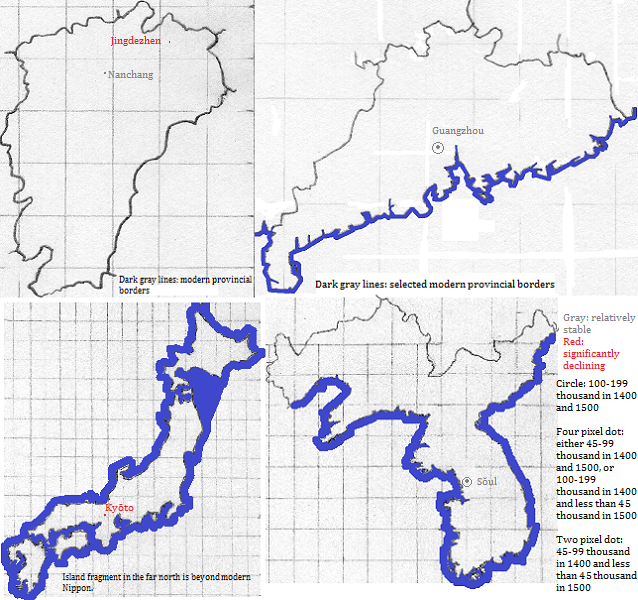 maps showing Jiangxi, Guangdong, Nippon and Daehan, 1400-1500