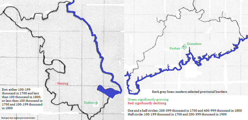 maps showing Jiangsu and Guangdong cities 1700-1800