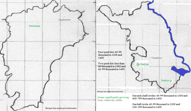 two maps showing Jiangxi and Jiangsu, 1300-1400