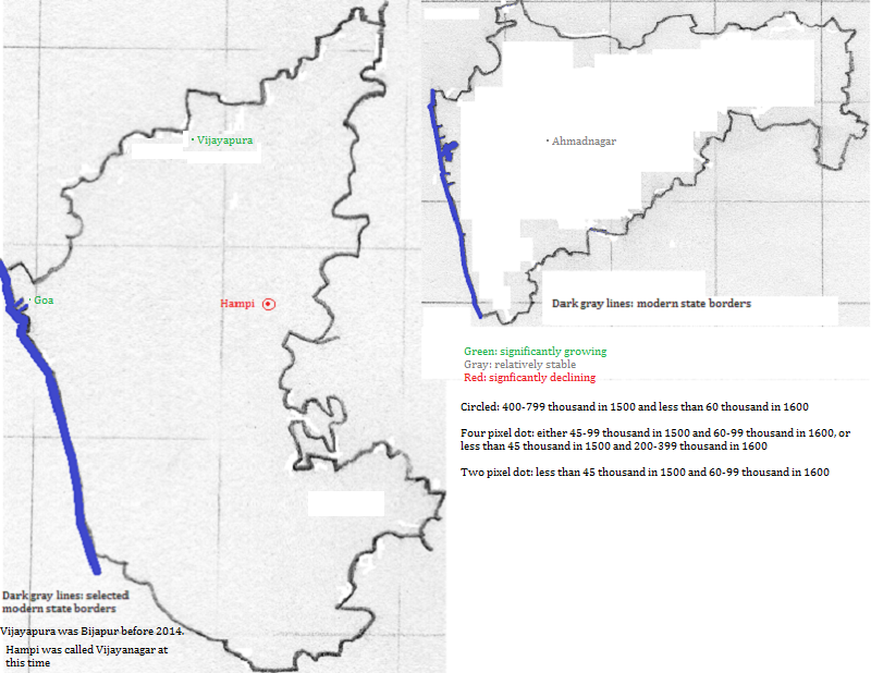 maps showing Karnātaka, Goa and Mahārāshtra, 1500-1600