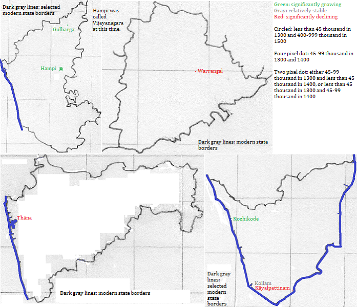 maps showing Karnātaka, Telangana, Mahārāshtra, Tamil Nādu and Kerala cities, 1300-1400