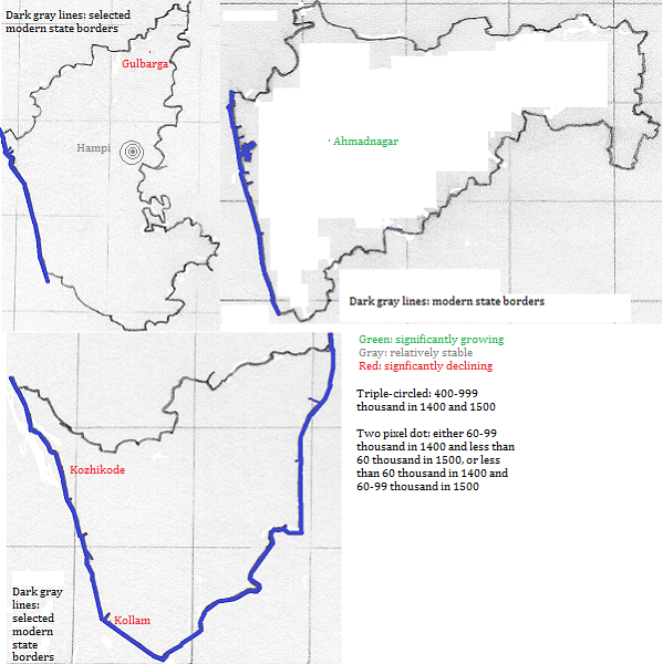 maps showing Karnātaka, Mahārāshtra and Kerala, 1400-1500