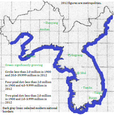 map showing Daehan, Chŏson and Liaoning cities 1900-2012