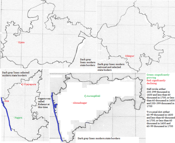 maps showing Madhya Pradesh, Rājastān, Karnātaka, Goa and Mahārāshtra cities 1600-1700