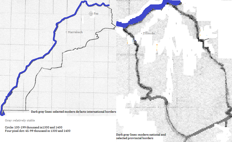 maps showing Maghreb and Tilimsān cities, 1300-1400