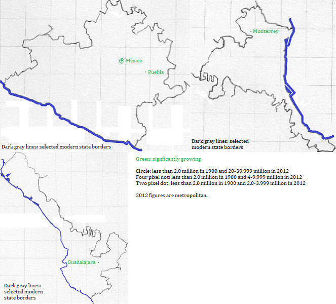 maps showing México (city), and Puebla, Nuevo León and Jalisco cities 1900-2012