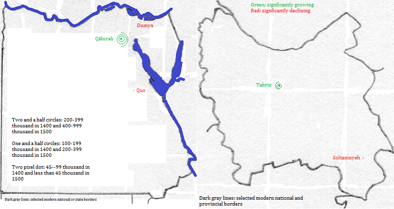 maps showing Miṣr and East Āzarbāijān-e, 1400-1500