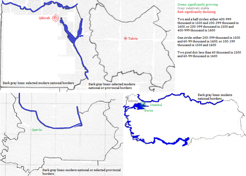 maps showing Miṣr, East Āzarbāijān-e, Qazvīn and Türkiye cities, 1500-1600