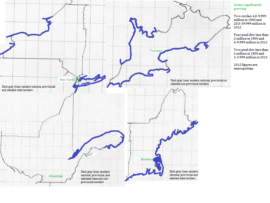 map showing Montré and New York (state), Southern Ontario and Massachusetts cities 1900-2012
