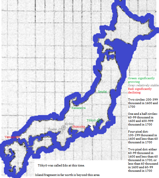 map showing Nippon cities 1600-1700