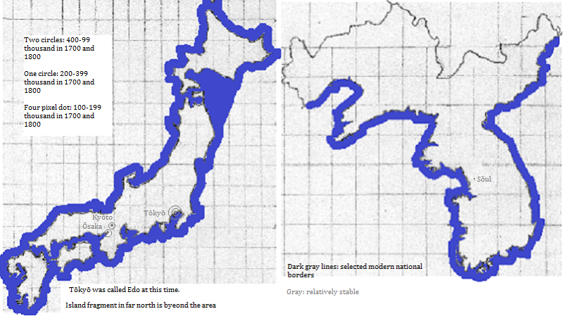 maps showing Nippon and Daehan cities 1700-1800