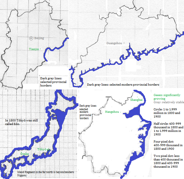 maps showing Beijing, Tianjin and Shanghai; and Guangdong, Nippon, and Zhejiang cities 1800-1900