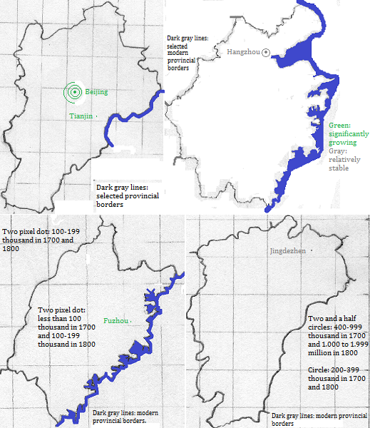 maps showing Beijing and Tianjin, and Zhejiang, Fujian and Jiangxi cities 1700-1800