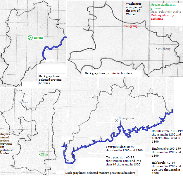 maps showing Beijing, and Hubei, Shaanxi and Guangdong cities 1200-1300