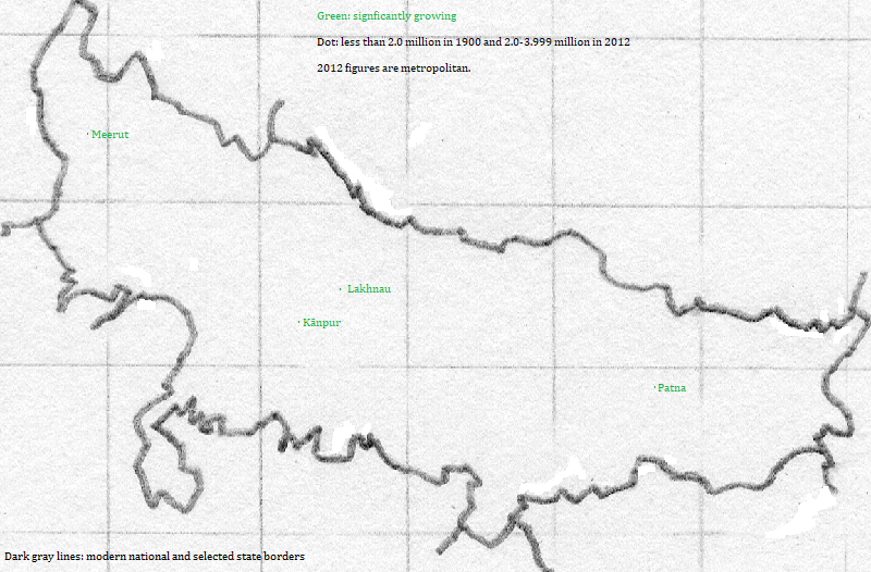 map showing Uttar Pradesh and Bihār cities 1900-2012