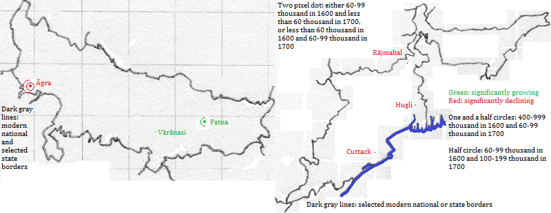 maps showing Uttar Pradesh, Bihār, West Bengal, Jharkhand and Odisha cities 1600-1700