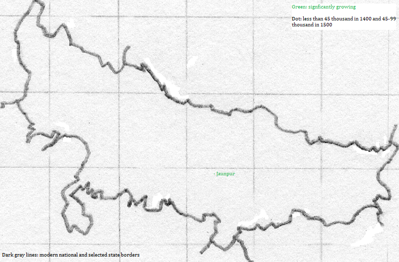 map showing Uttar Pradesh cities, 1400-1500