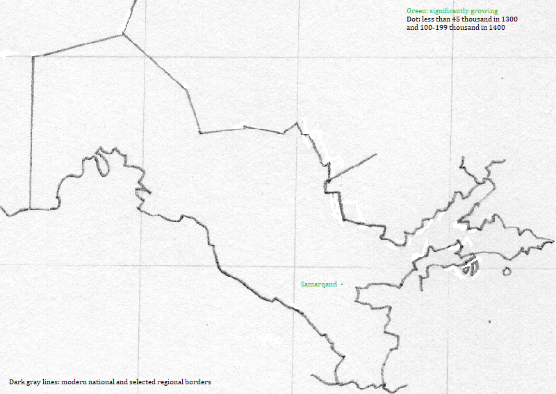 map showing O'zbekiston cities, 1300-1400