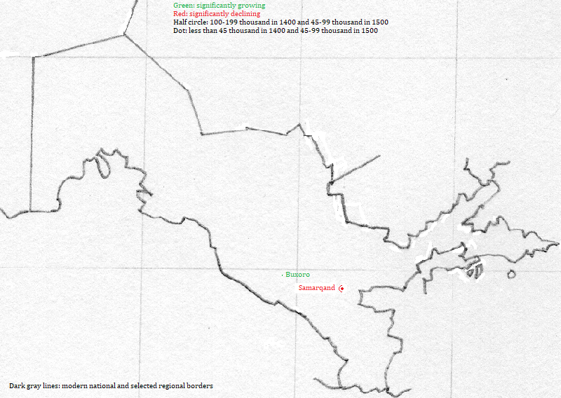 map showing O'zbekiston cities, 1400-1500