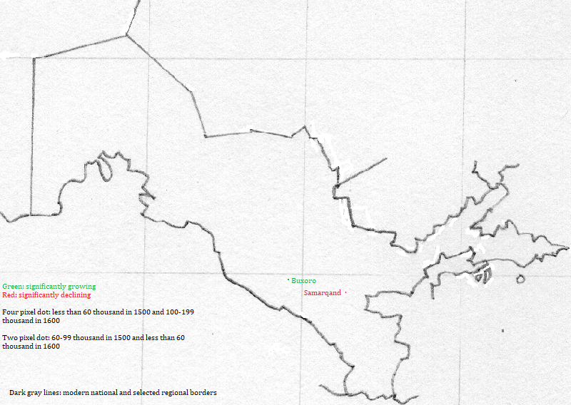map showing the O'zbekiston cities, 1500-1600