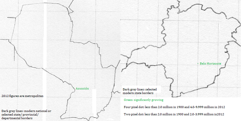 maps showing Paraguay and Minas Gerais cities 1900-2012