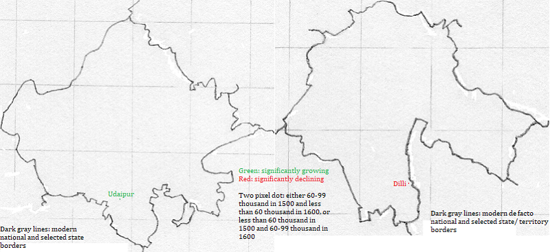 maps showing Rājasthān and Dilli cities, 1500-1600