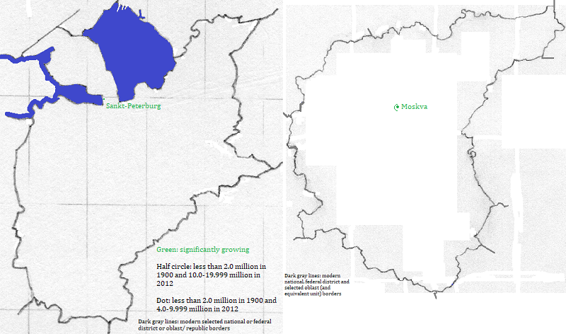 maps showing Sankt-Peterburg, and Central Federal District cities 1900-2012