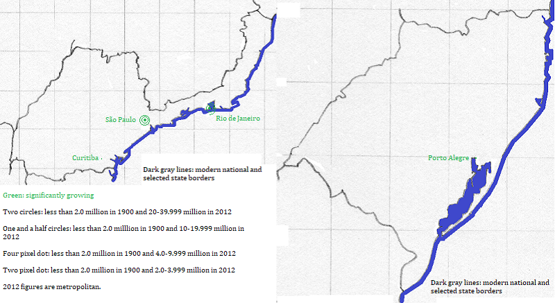 maps showing São Paulo (state), Rio de Janeiro (state), Paraná and Rio Grande do Sul cities 1900-2012