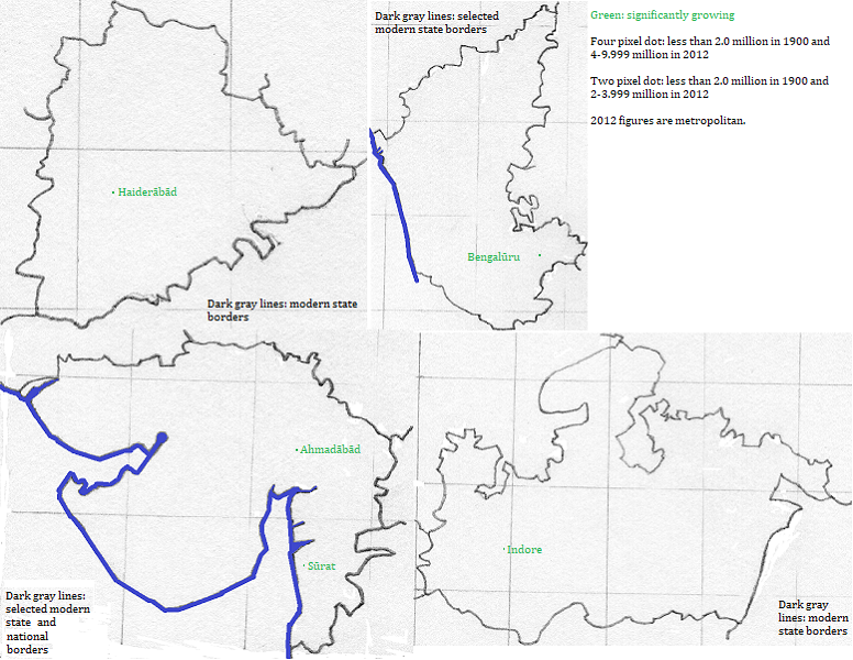 maps showing Telangana, Karnātaka, Gujarāt and Madhya Pradesh cities 1900-2012