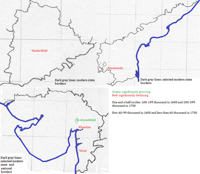 map showing Telangana, Andhra Pradesh and Gujarāt cities 1600-1700