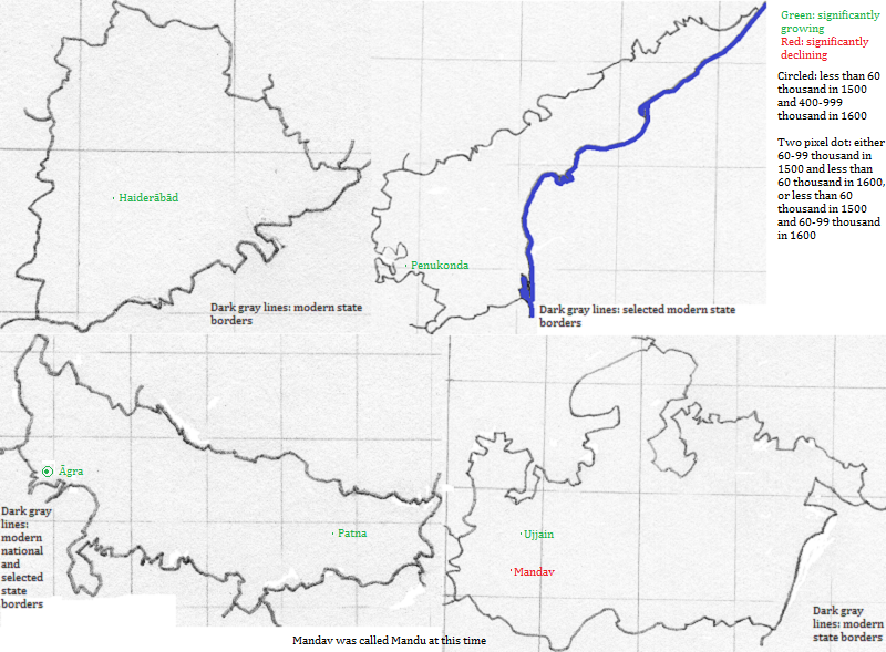 maps showing Telangana, Andhra Pradesh, Uttar Pradesh, Bihār and Madhya Pradesh, 1500-1600