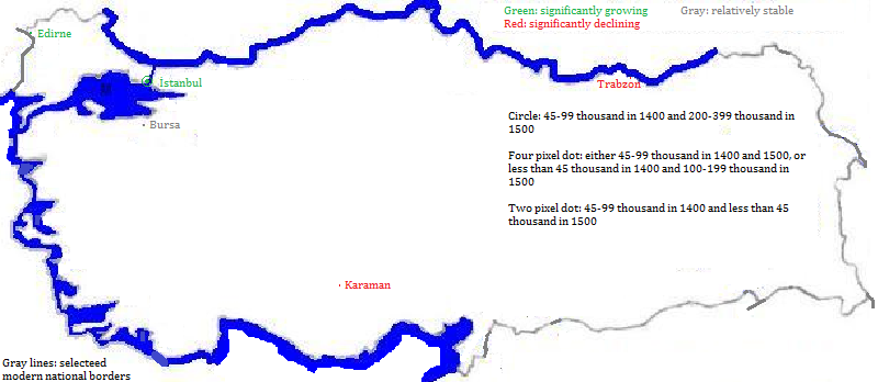 map showing Türkiye cities, 1400-1500